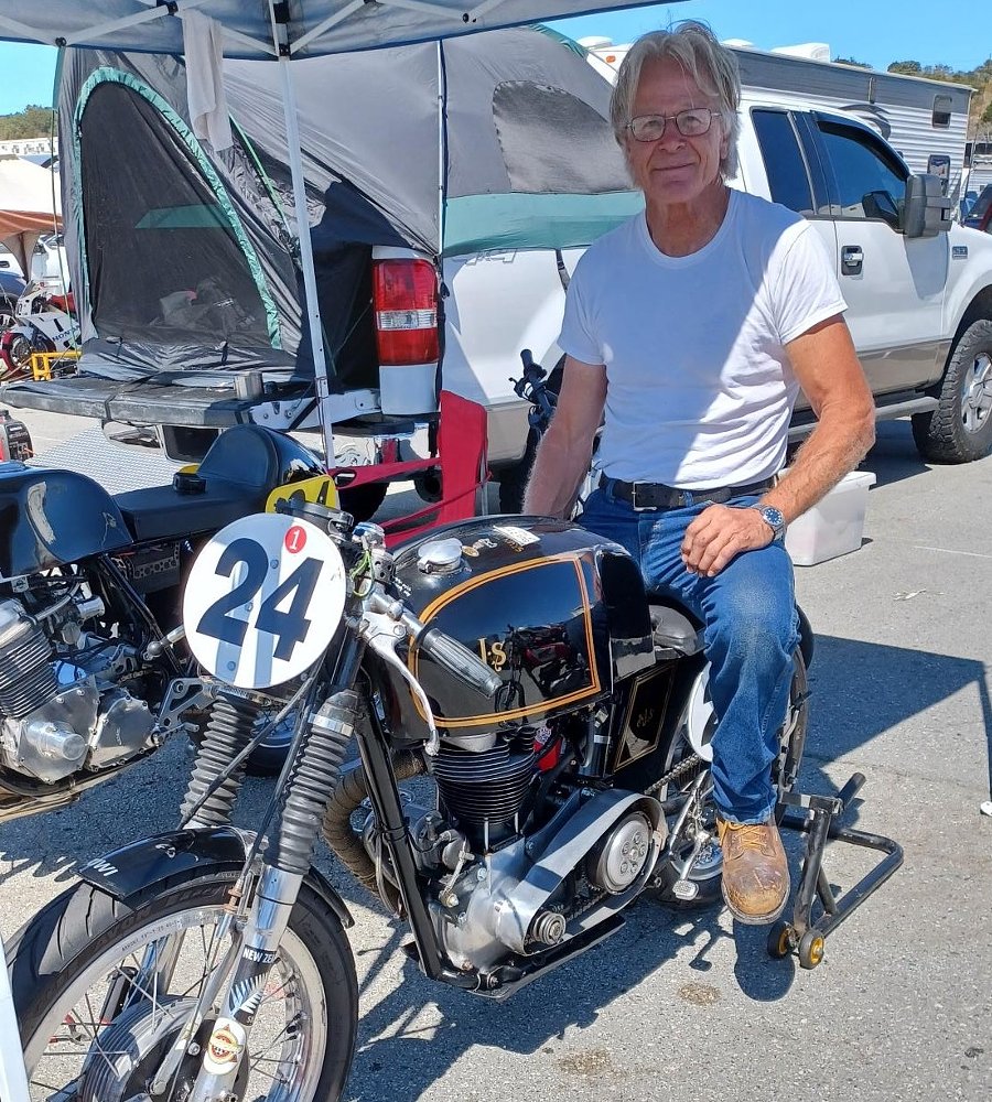 Grant Spence on his father's race motorcycle