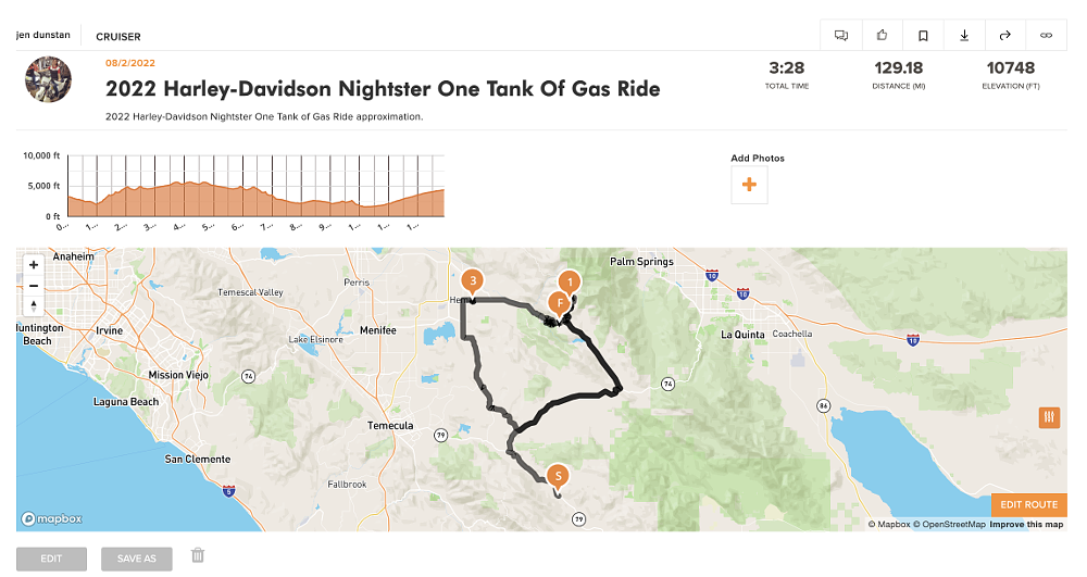An illustration of a REVER map route of the roads ridden on the Nightster