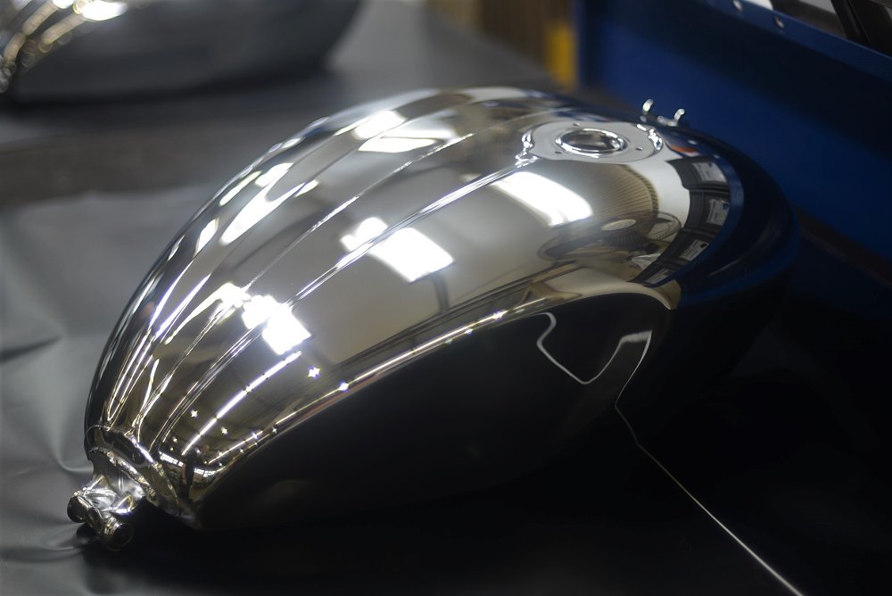a chromed tank ready for painting
