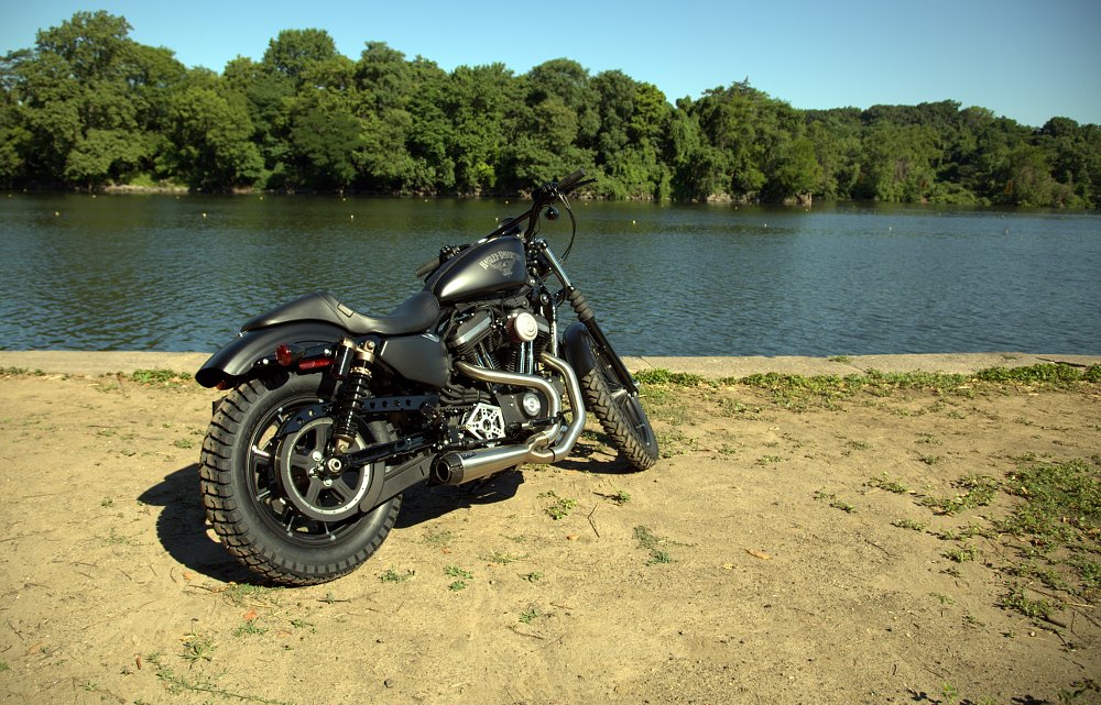modified Sportster parked by a lake