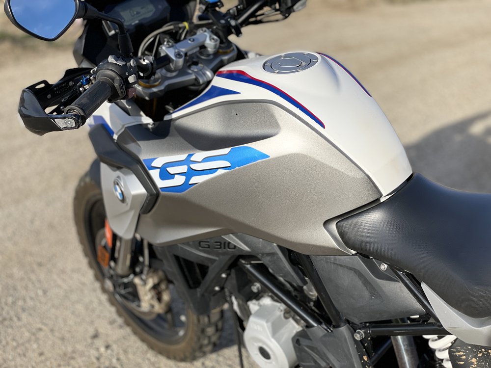 A close up view of the BMW G 310 GS gas tank