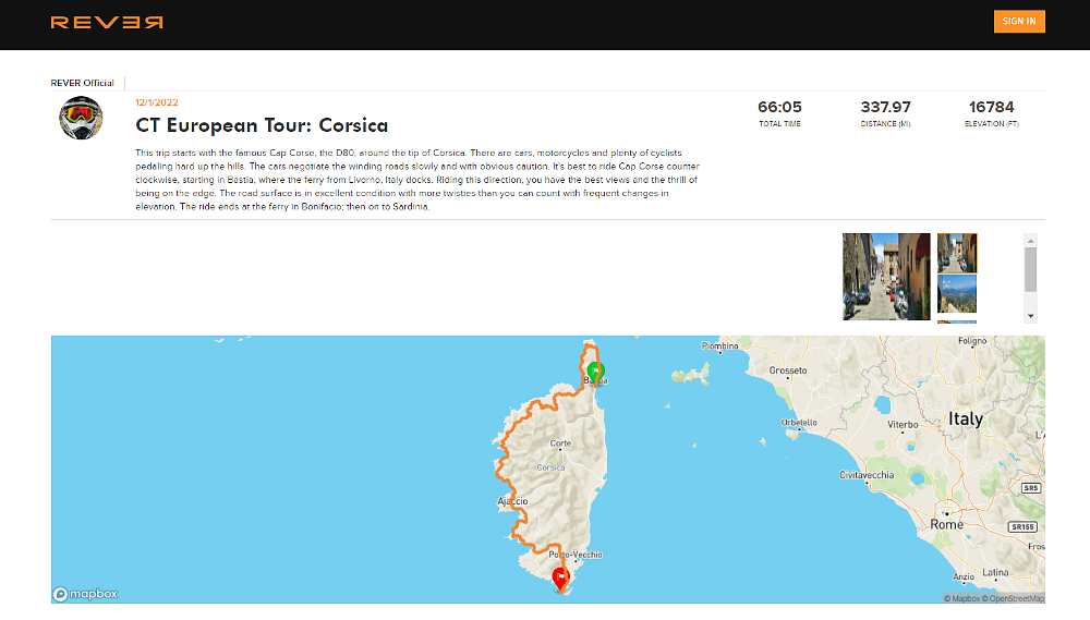 REVER map of the ride in Corsica