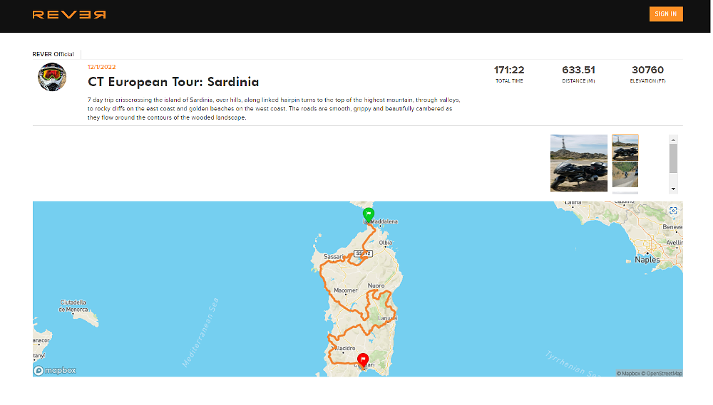 REVER map of the ride in Sardinia