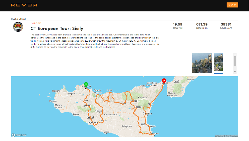 REVER map of the ride in Sicily