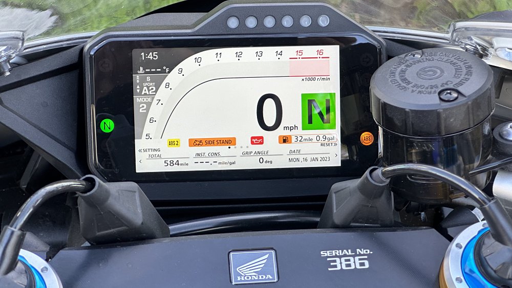 2022 Honda CBR1000RR-R SP TFT dash detail.