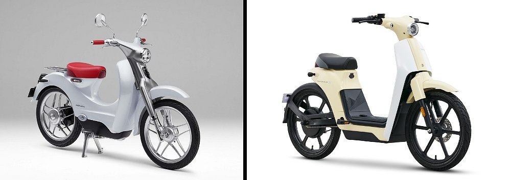 Honda Cub electric concept scooter from 2015 and a current Cub e: electric moped