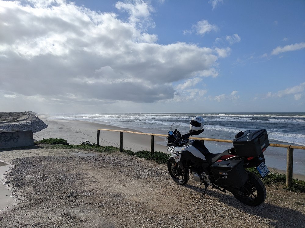 BMW motorcycle parked along the coast in southern Portugal