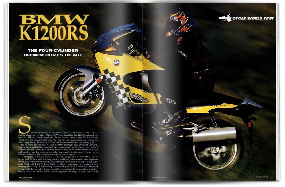 Cycle World magazine pages showing a review of the 1998 BMW K 1200 RS