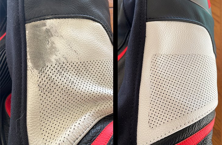 a close up before and after or replaced leather panel