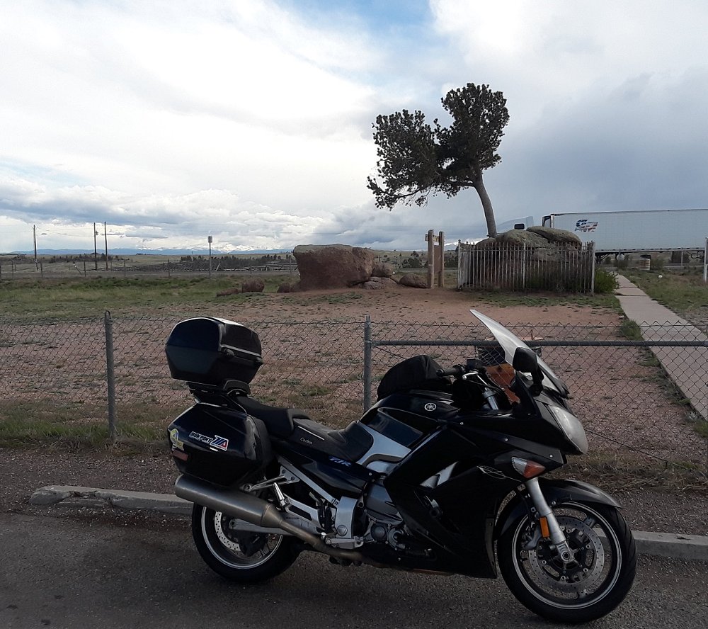 motorcycle parked in front of the tree in the rock