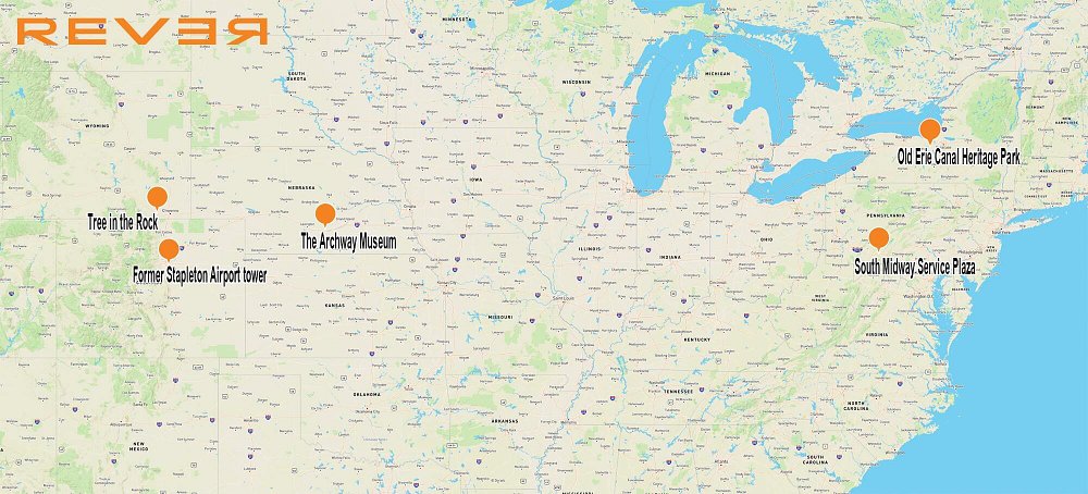 map showing locations of the five roadside oddities