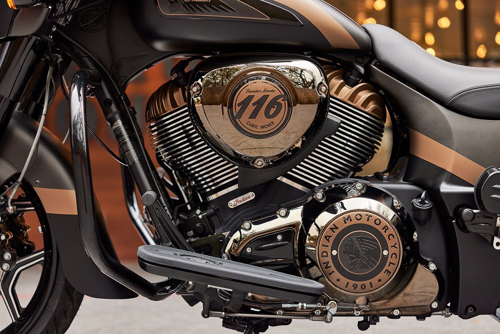 Closeup of Thunderstroke 116 engine with bronze highlights
