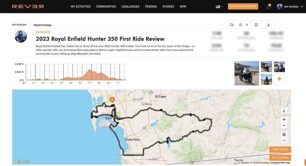 a depiction of the REVER map of the route ridden on the Hunter 350 motorcycle