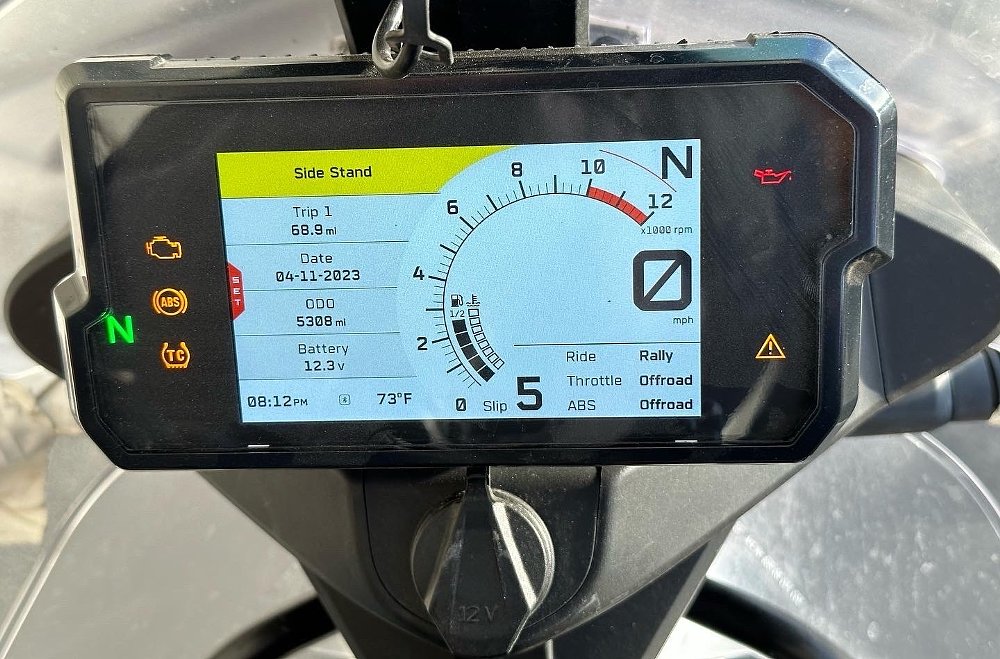 KTM 890 Adventure R Rally TFT dash display detail.
