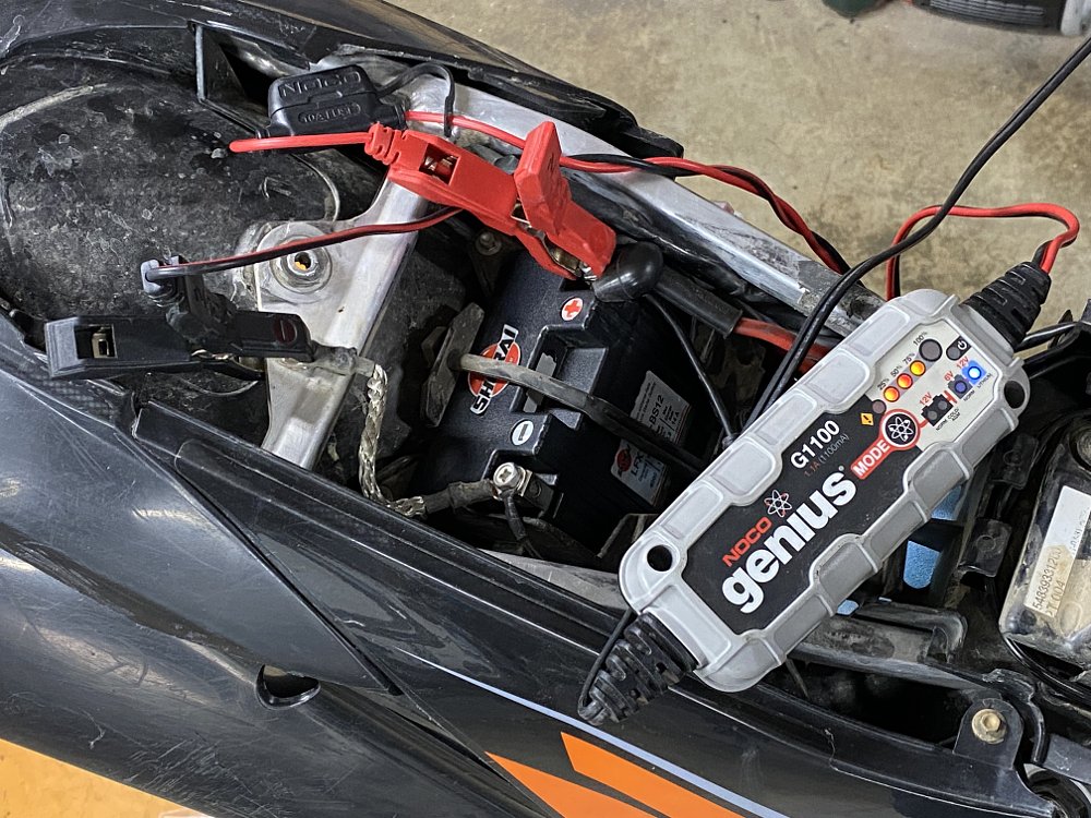 Motorcycle lithium ion battery on charger