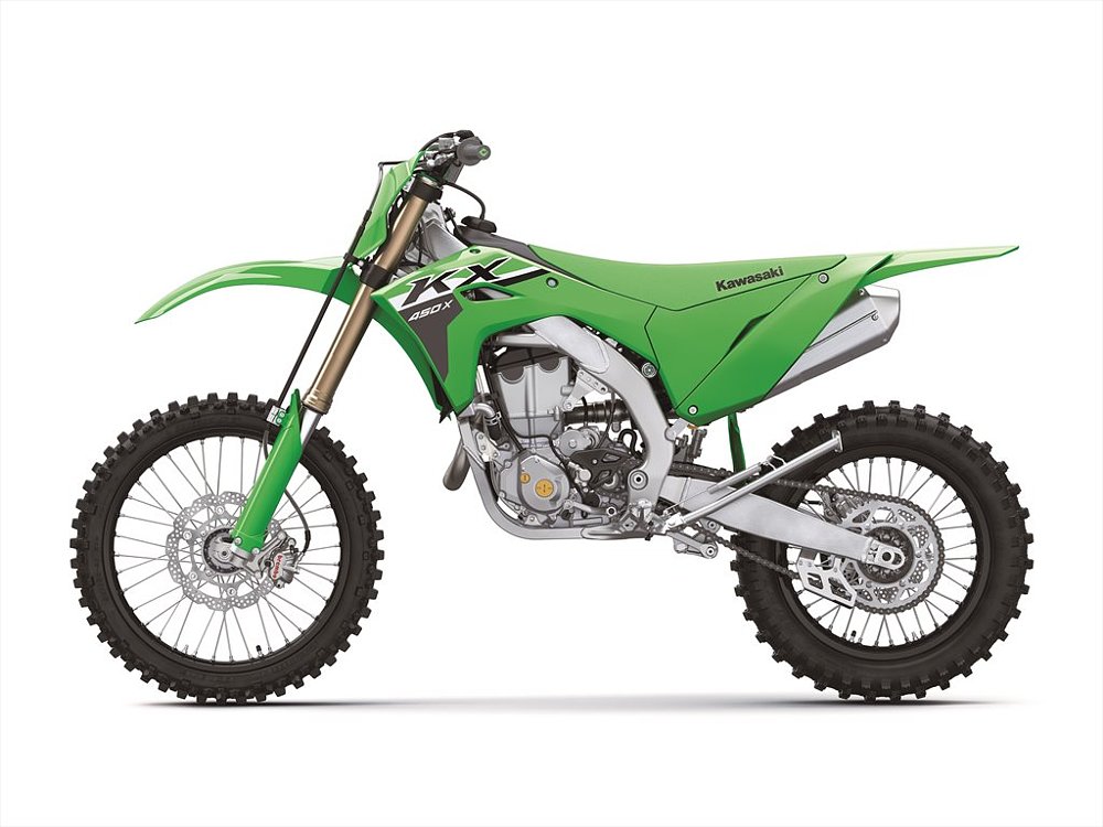 Off-road competition tires, model-specific engine settings, and softer suspension highlight the 2024 Kawasaki KX450X.