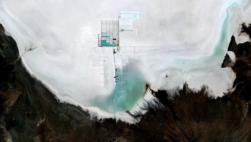 A view of lithium brine pools in Bolivia's Uyuni Salt Flat.