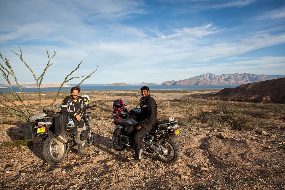 Spurgeon and Abhi on BMW R 1200 GS motorcycles in Bahia de los Angeles in Mexico
