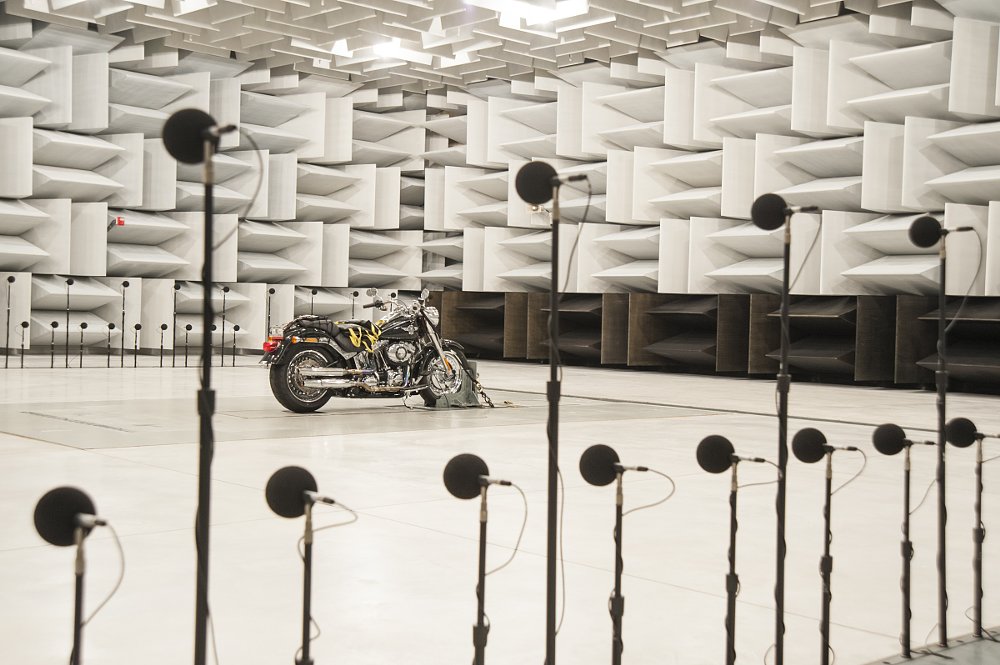 Harley-Davidson motorcycle being tested in the semi-anechoic chamber