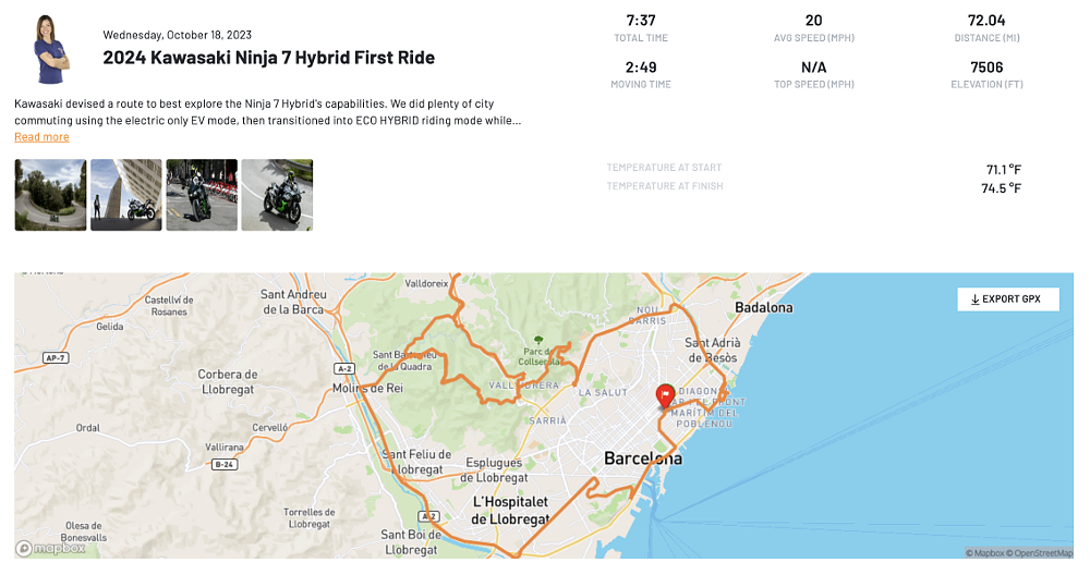 an illustration of the map route recorded in REVER tracking app showing the ride in Barcelona spain on the Ninja hybrid 7