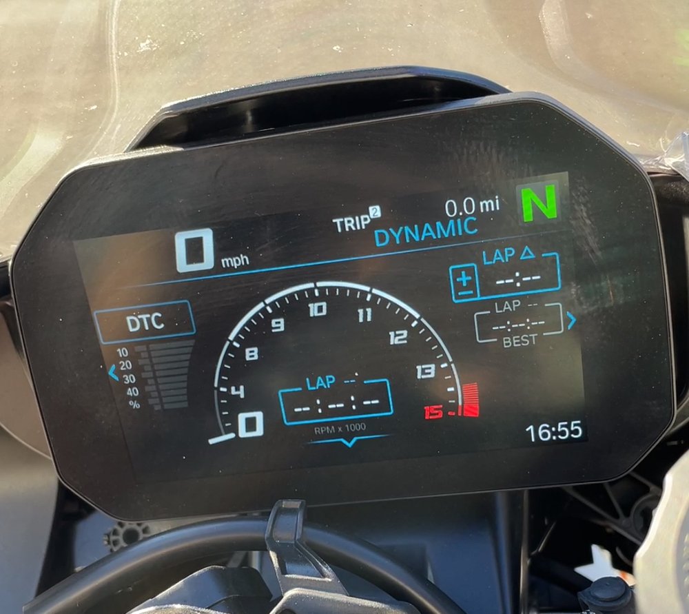 a close up view of the BMW S 100 RR dash in the racing configuration