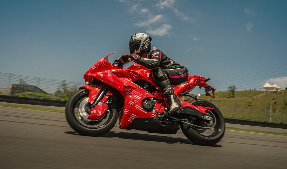 red CFMOTO sport bike prototype being test ridden
