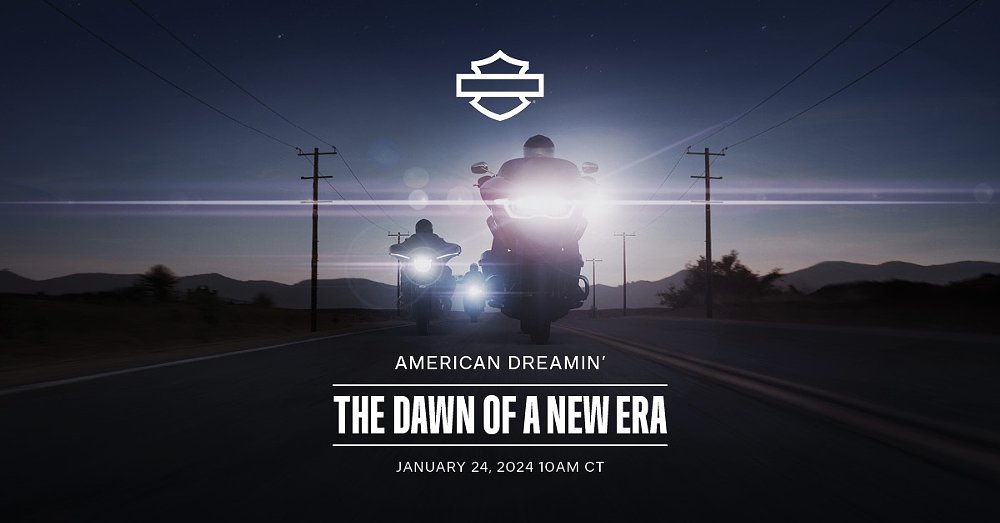 teaser image from Harley-Davidson of three motorcycles riding toward the camera