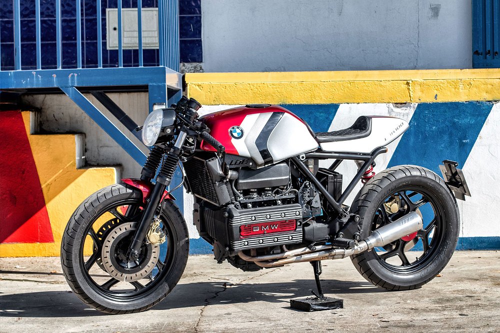 red-and-white custom cafe racer with BMW engine