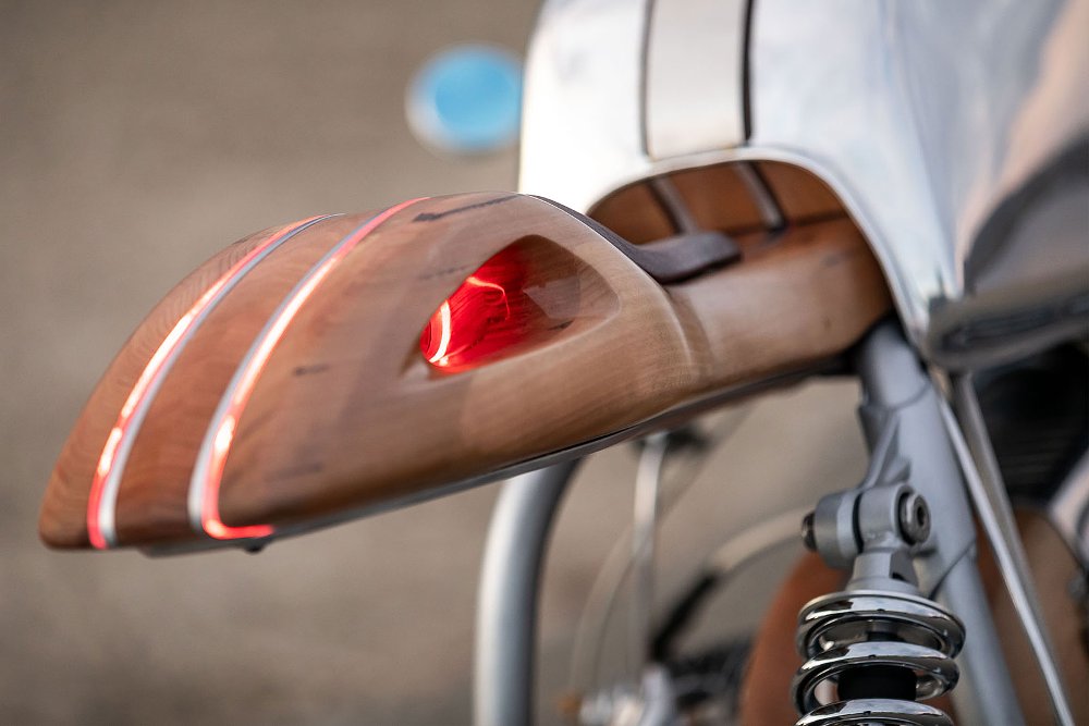 hand-formed wooden tail section with integrated lights