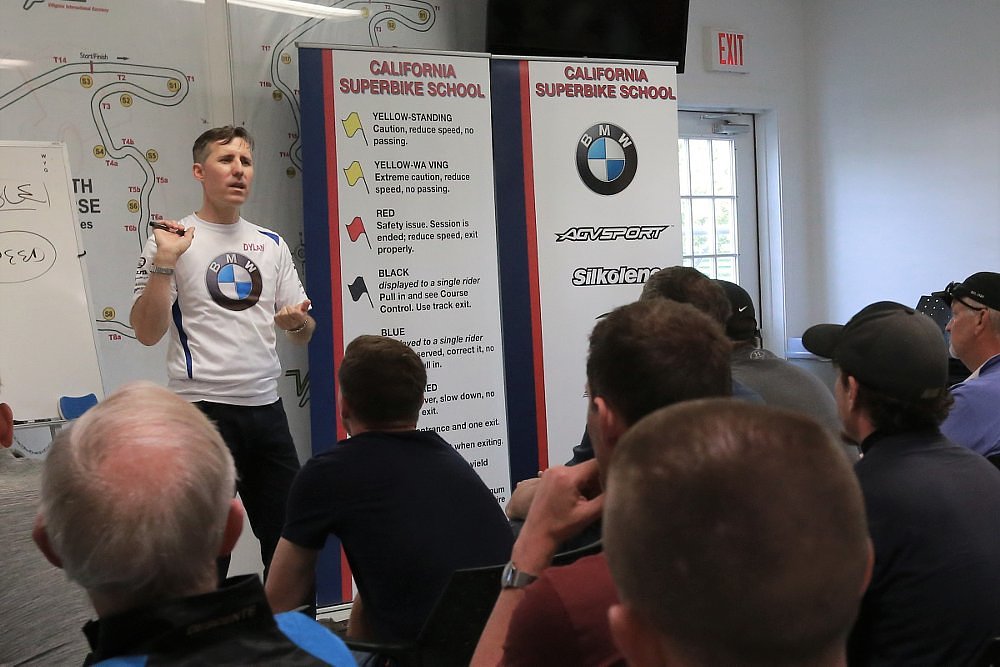 Dylan Code instructing a classroom session at California Superbike School