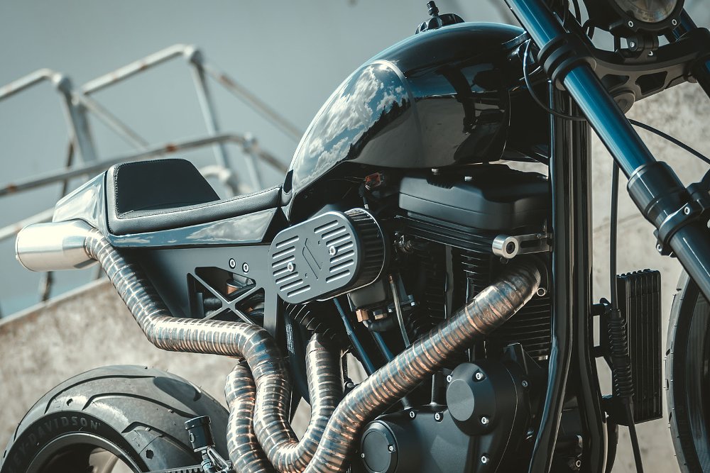 side close view of black gas tank on the custom