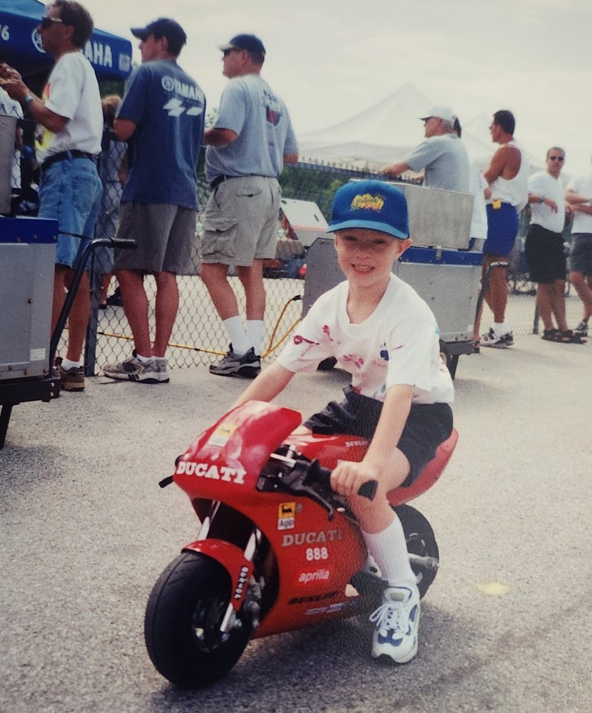 young Joel on a Ducati-styled minibike