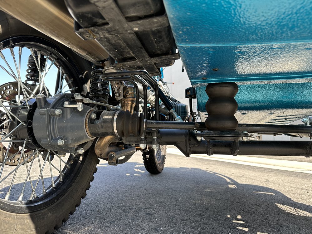 2024 Ural Gear Up sidecar underside and driveshaft detail.