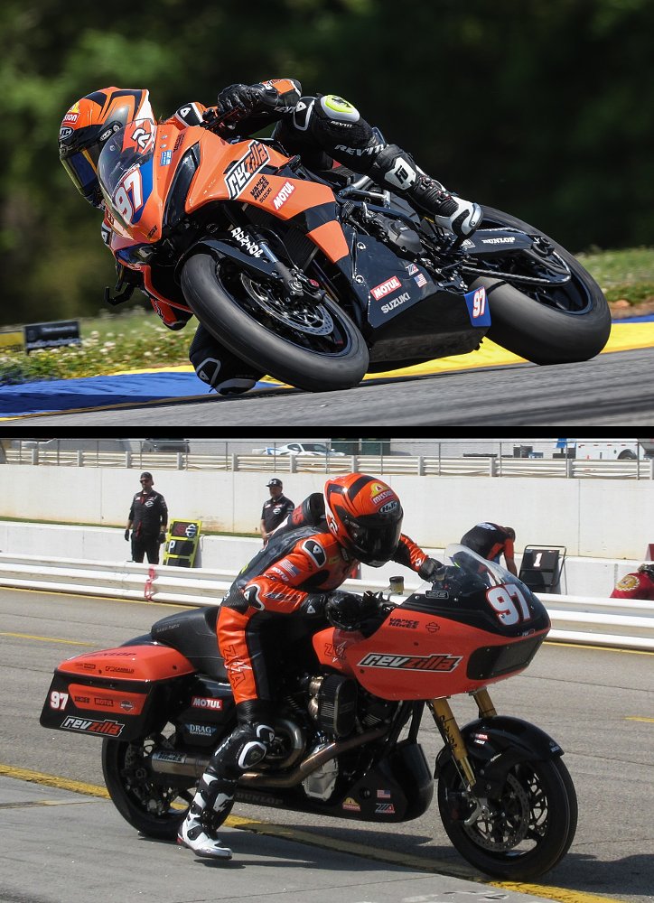 photos of Landers racing the lightweight Suzuki and leaving the pits on the heavyweight Harley-Davidson