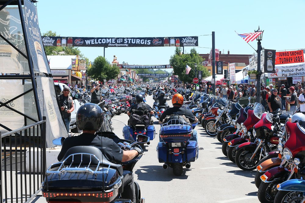 crowds of riders on Main Street in Sturgis during the rally