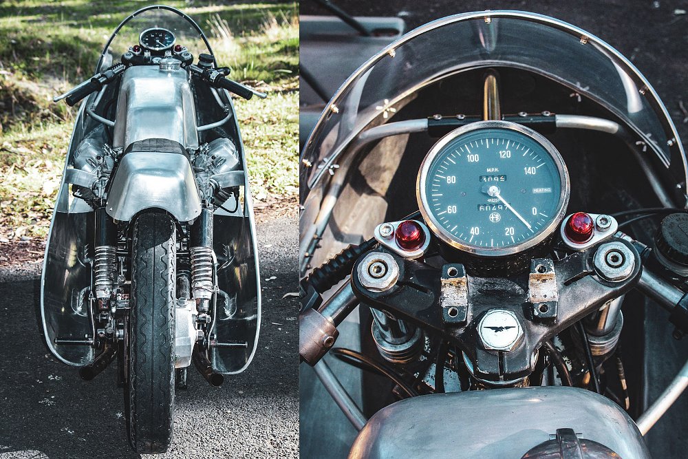 two photos, a rear view of the motorcycle and a cockpit view of the gauge