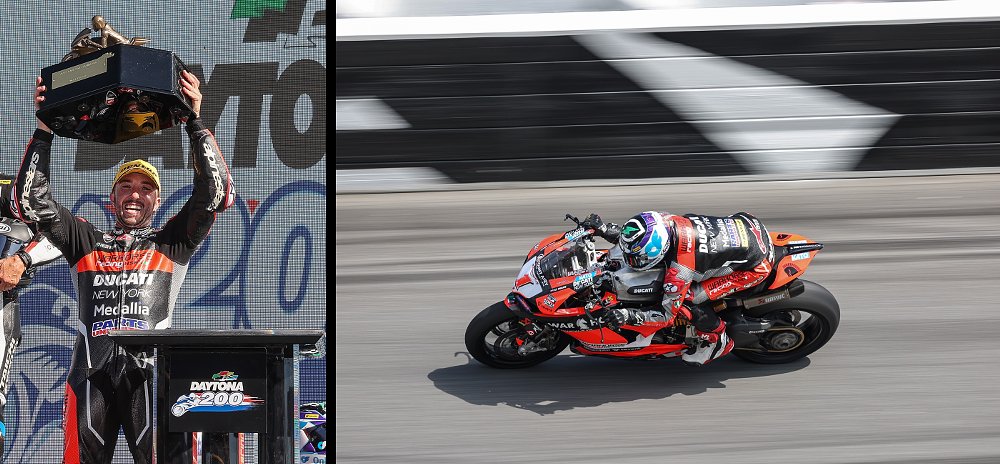 photos of Josh Herrin racing the Panigale on the banks at Daytona and holding the trophy on the podium