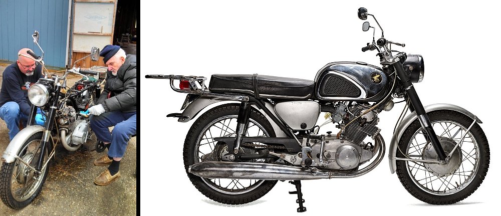 photo of Pirsig and friend working on the stripped-down Honda and a studio photo of the motorcycle as it is today