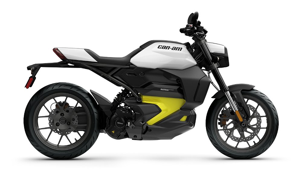 studio photo of a white Can-Am Pulse electric motorcycle