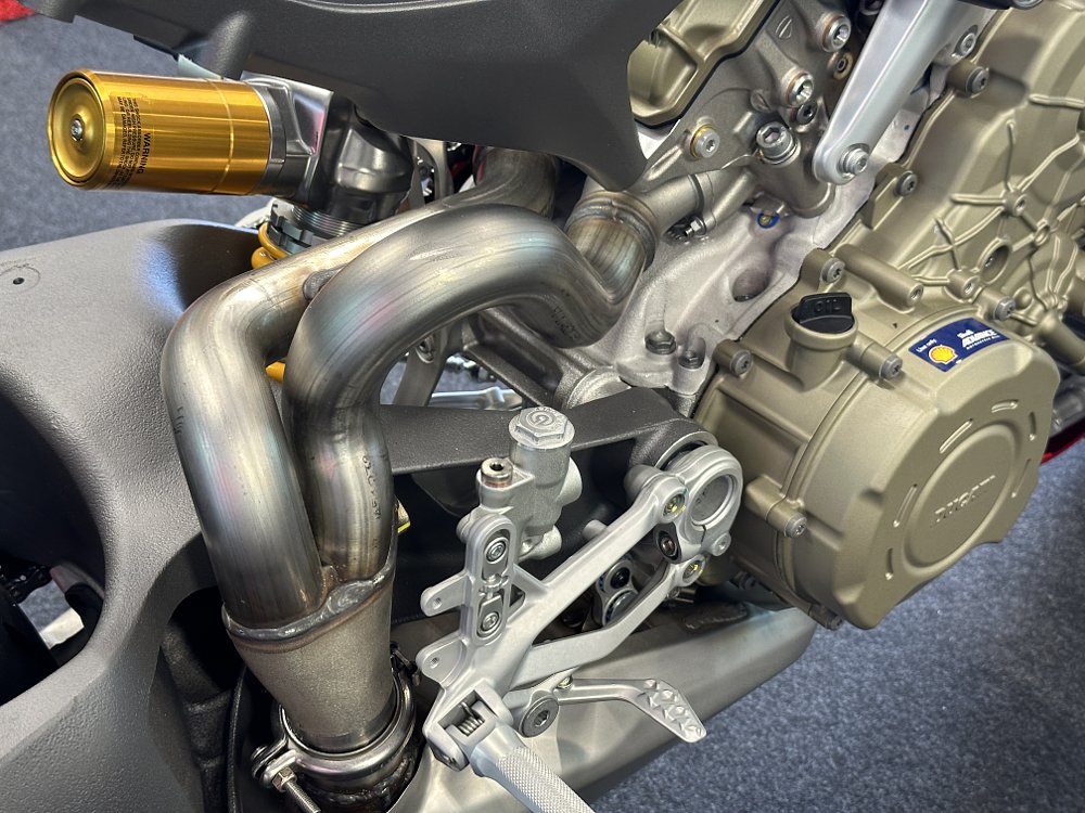 2025 Ducati Panigale V4 rear cylinder exhaust detail.