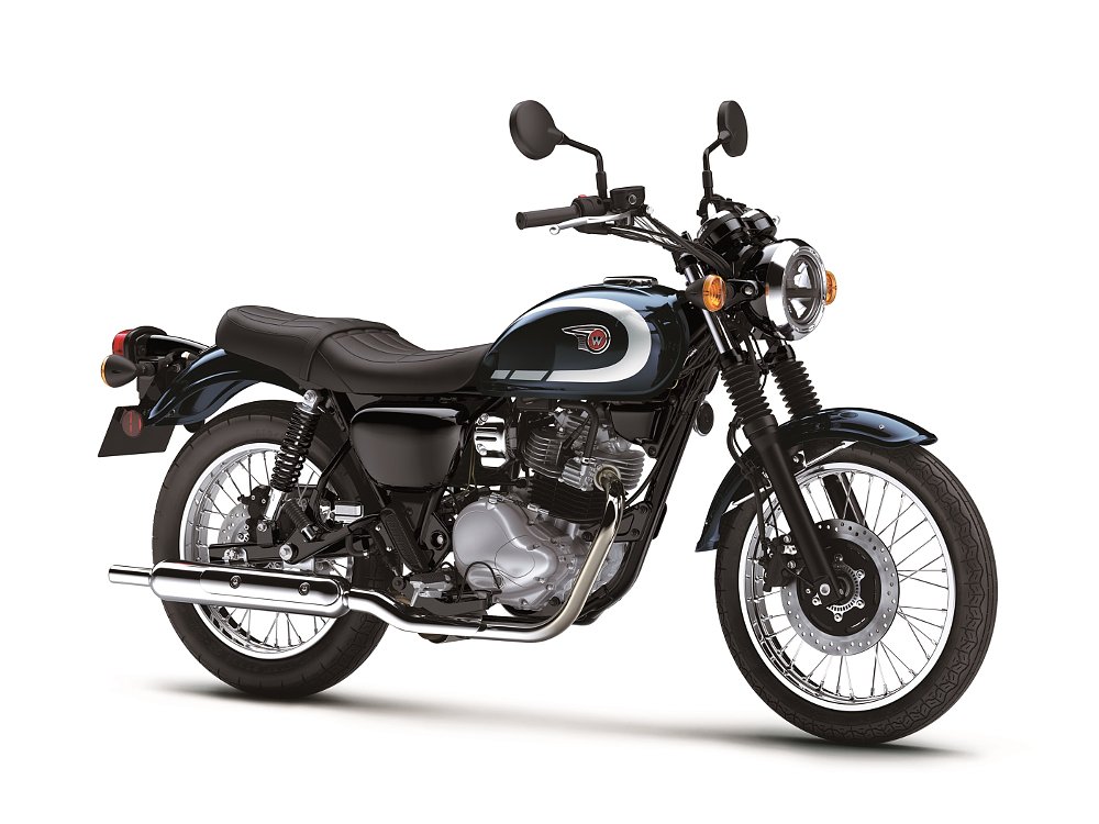 studio photo of Kawasaki W230 in dark blue and black color scheme