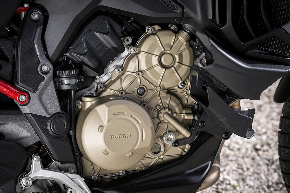 Ducati's 1,158 cc Granturismo V4 engine rests within the Multistrada's monocoque frame.