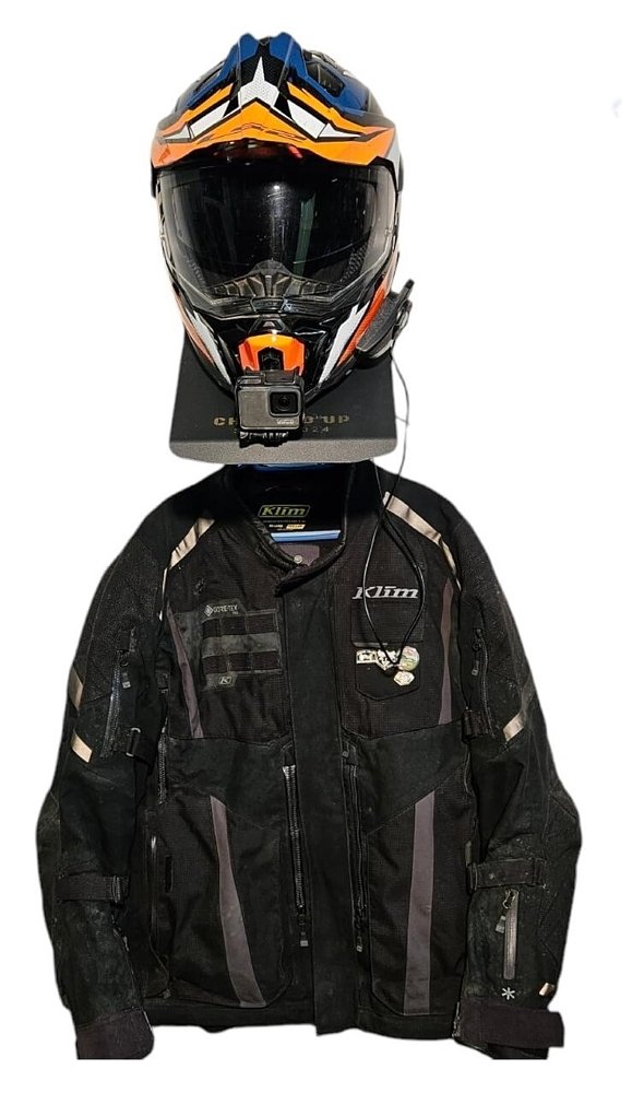 rack holding a helmet, jacket, and video camera