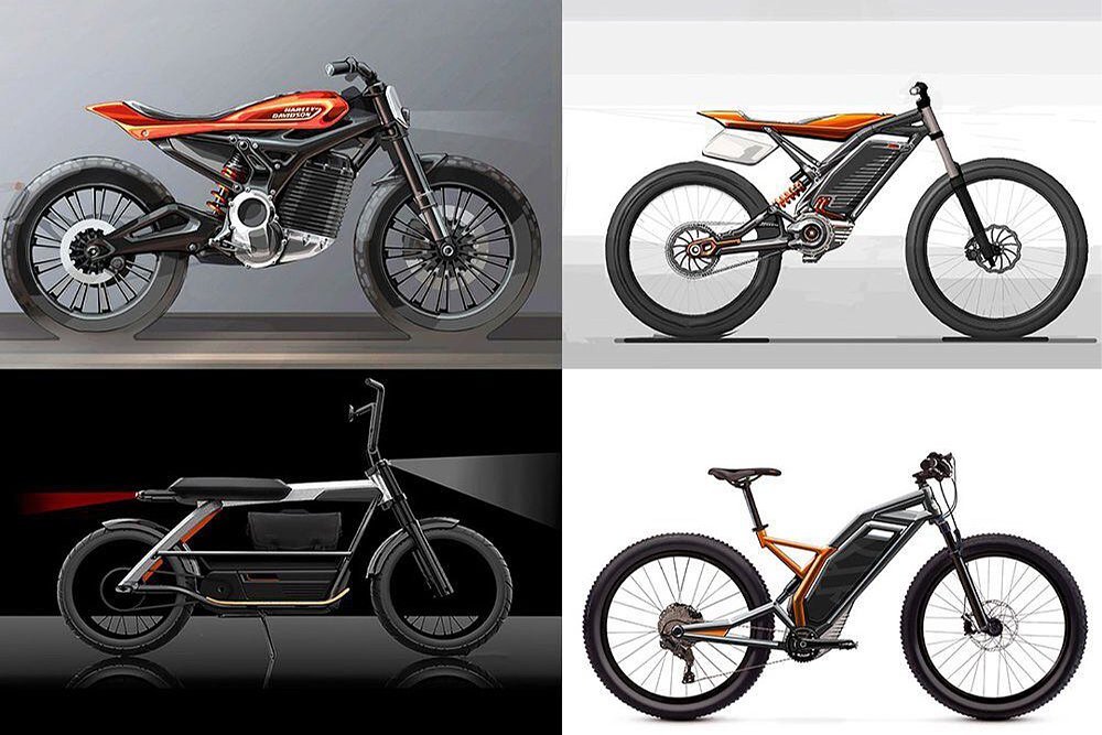 Concept drawings of electric motorcycles, scooters, and bicycles Harley-Davidson presented in 2018.