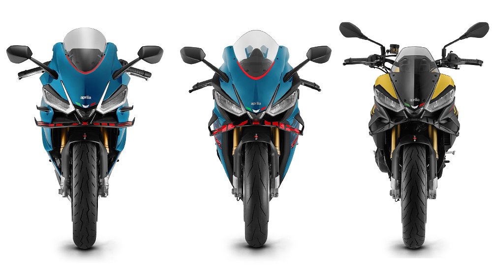three Aprilias shown from the front view to show the large and prominent wings on the fairings