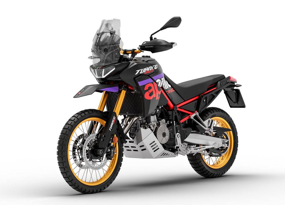 studio photo of Tuareg Rally adventure motorcycle in black and red