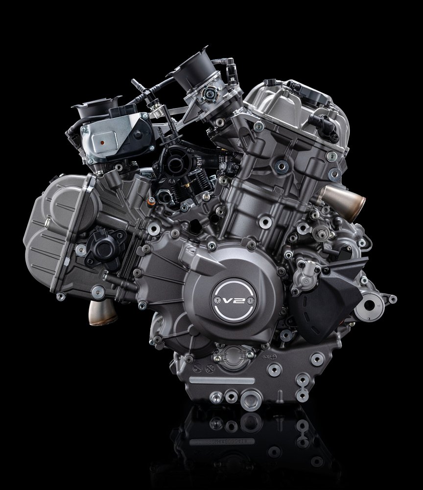 studio photo of Ducati V2 engine