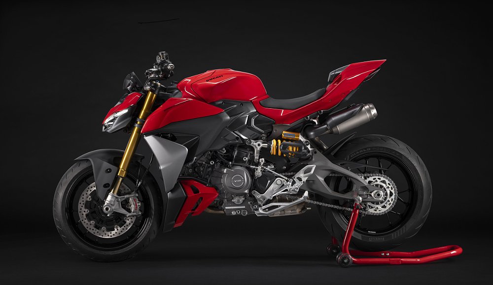 studio photo of red Ducati Streetfighter V2 sport motorcycle