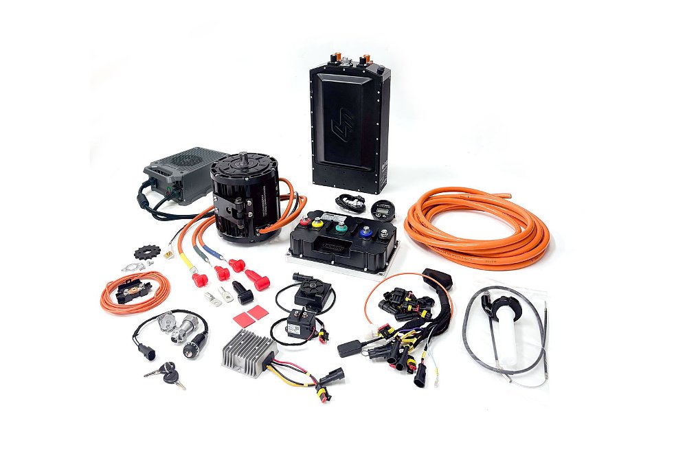 studio photo of the battery and other electric drivetrain parts