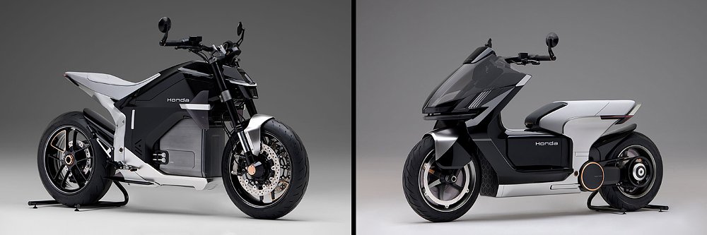 Studio images of Honda's EV Fun middleweight electric naked bike and scooter-styled EV Urban concept.
